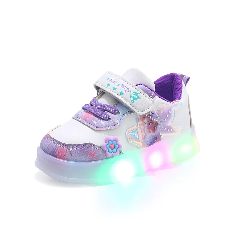 Disney LED Casual Sneakers For Spring Girls Frozen Elsa Princess Print Pu Leather Shoes Children Lighted Non-slip Pink Purple