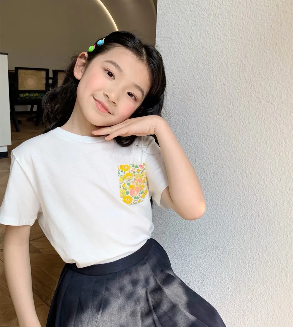 

summer baby girls clothes kids tshirts Yellow floral pattern pocket White minimalist T-shirt girls' short sleeved T-shirt