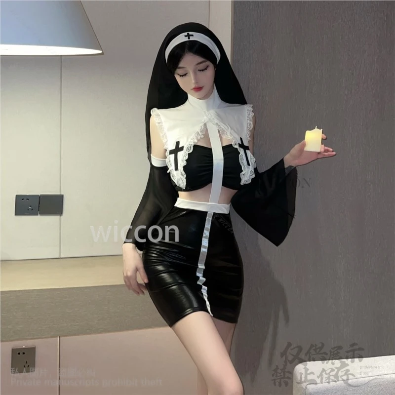 Anime Christmas Cosplay Nun Suit Leather Coat Pu Dress Dark Lolita Sexy Wear Uniform Xmas Gift For Girls Woman Halloween Cos