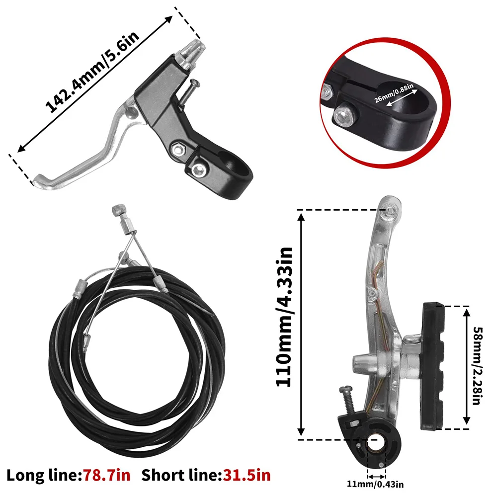 6Pieces Lightweight Bicycle V-Brake Kit, Alloy V-Brake Lever and Cable (Front + Rear) Set, Detachable Outdoor Riding Accessories