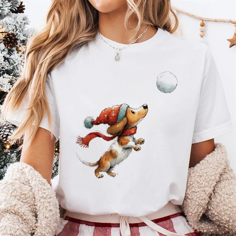Bedruckte lustige Kleidung, süßer Hund, Chase, Schneeball-Muster, T-Shirt, Rundhals-Top, süßer Stil, Weihnachtsgeschenk, Basic-Damen-T-Shirt