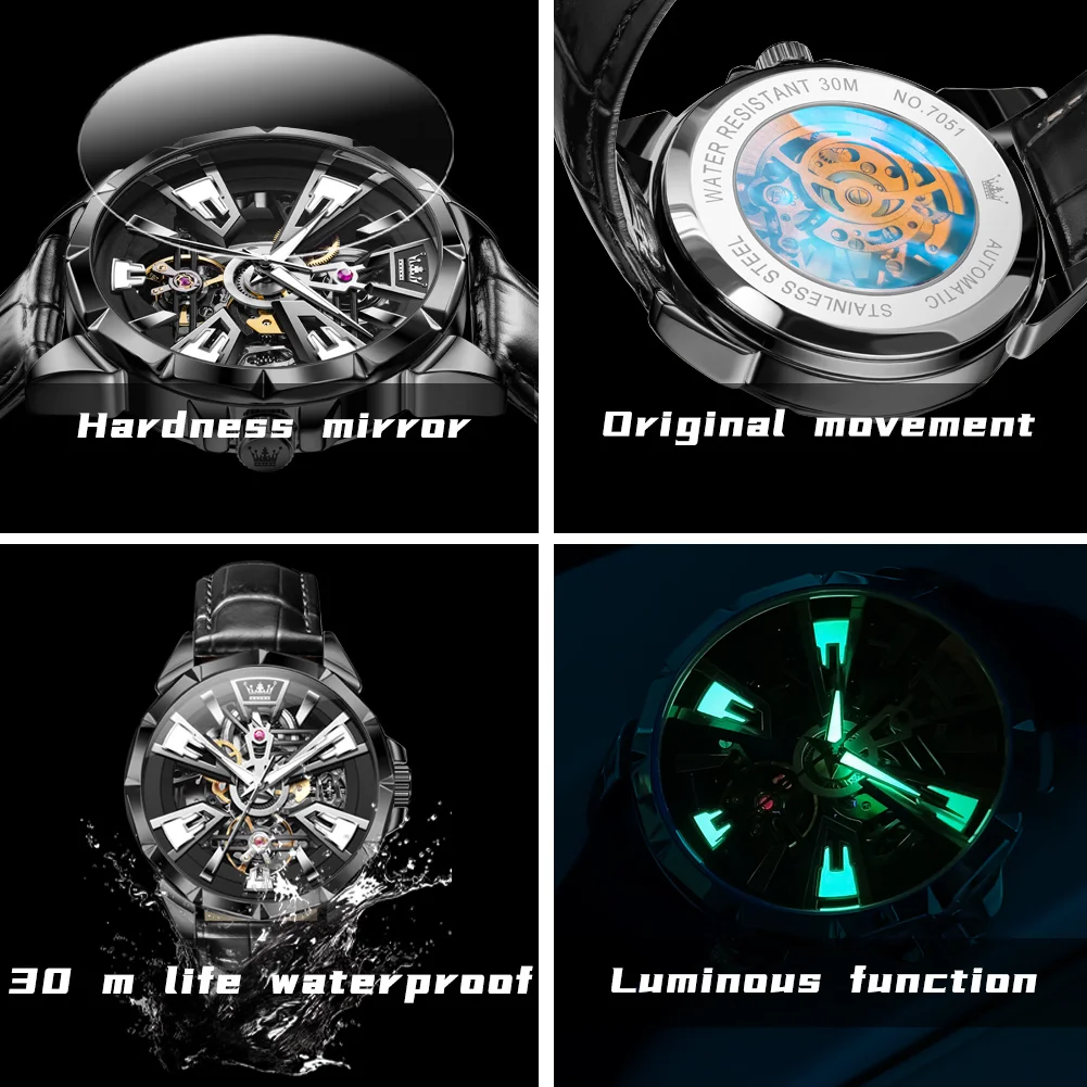 ساعة OLEVS Skeleton Tourbillon للرجال أوتوماتيكية ميكانيكية سوداء من الفولاذ ساعة جلدية ليلية متوهجة مقاومة للماء للرجال #6