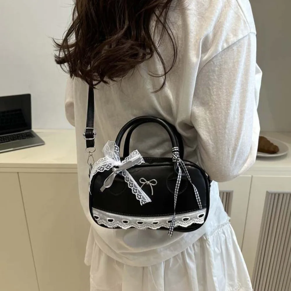 Dumpling Style PU Leather Boston Handbag Lace Ribbon Bow Crossbody Bowling Bag Korean Style Waterproof Small Square Bag Women