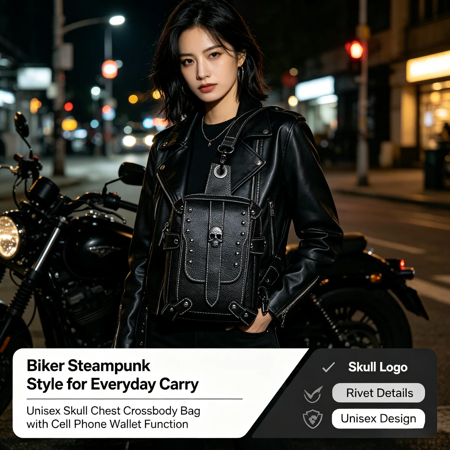 Unisex Vintage Steampunk Biker Crossbody Bag, Skull Logo Chest Armpit Purse, Multi‑Functional Cell Phone Wallet Shoulder Bag for Daily Outdoor