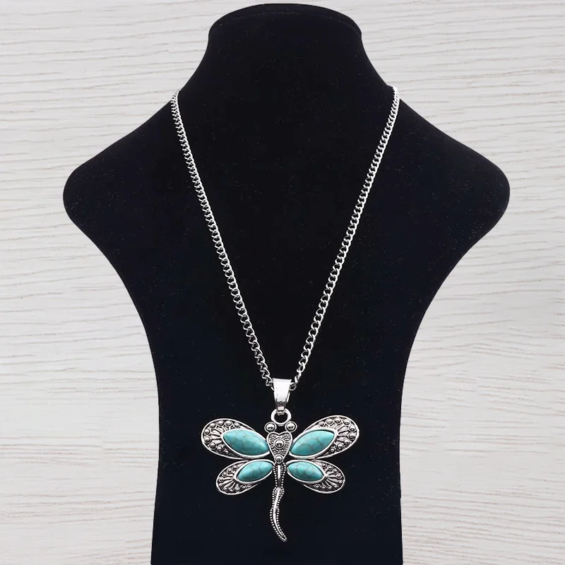 

1 x Tibetan Silver Imitation Turquoises & Faux Stone Dragonfly Pendant Necklace Jewelry on Long Link Chain Lagenlook 34"