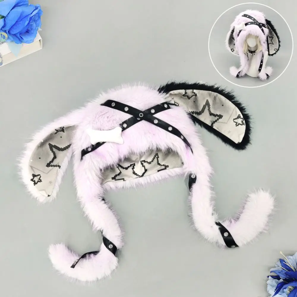 New Design Y2K Streetwear Bunny Ear Hat Punk Style Faux Fur Hat Gothic Style Adjustable Snaps Hat