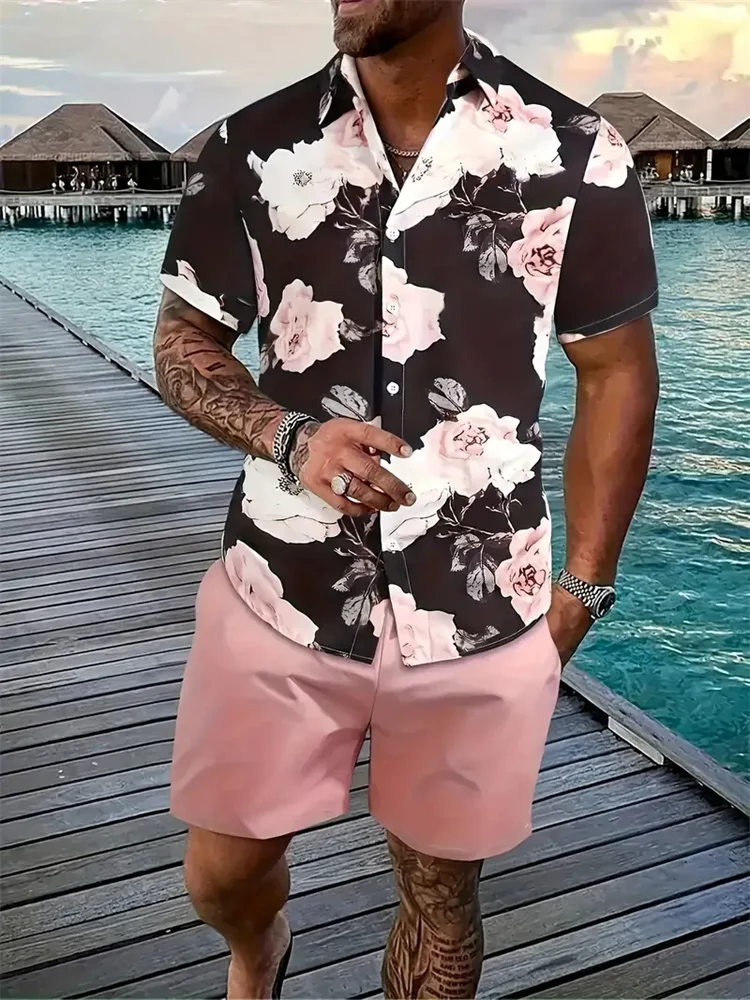 Men\'s Hawaii Shirt Set Men\'s 3D Printed Short Sleeve Shirt Shorts Two Piece Summer Beach Lapel Shirt Set Unisex Casual Clothing