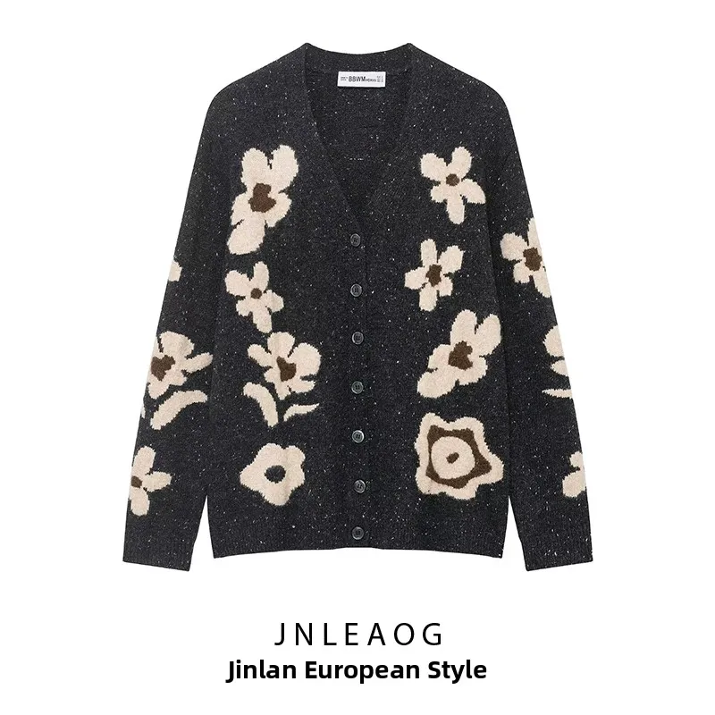 JNLEAOG otoño nueva Faion bordado Floral tejido prendas de vestir exteriores sueltas cárdigan largo Sve fibra de poliéster frente abierto