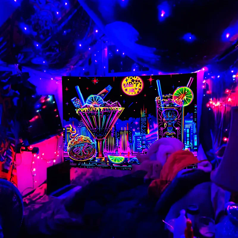 Reactive Neon Cocktail Cityscape Hanging Tapestry, Black Light Responsive Wall Decor for Bar and Party Backdrop