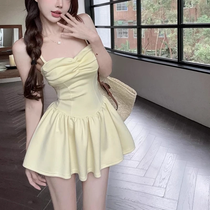 

Sexy Spaghetti Strap Folded A-line Dress For Women's Summer Casual Dresses