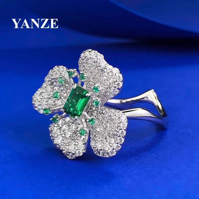 

925 Sterling Silver 4*6mm High Carbon Diamond Created Emerald Flower Rings Women Gifts Fine Jewelry