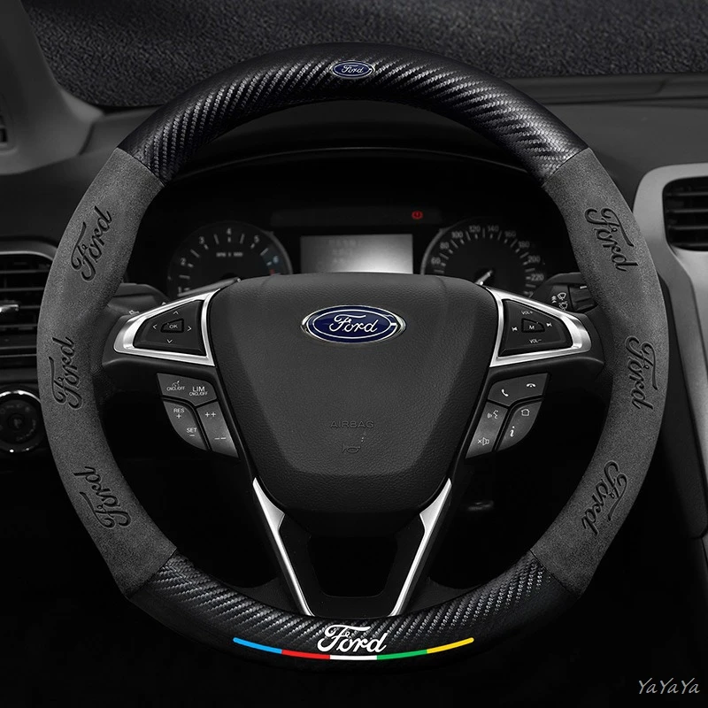 Car Steering Wheel Cover Embossing Leather Protector For Ford Mustang Bronco Fiesta Focus Mondeo Kuga Edge F150 Ranger Sticker view 4