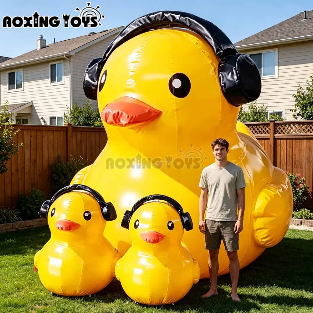 Giant Inflatable Yellow Duck with Headphones, Water Floating Cartoon Mascot for Music Festival Advertising & Event Promotion