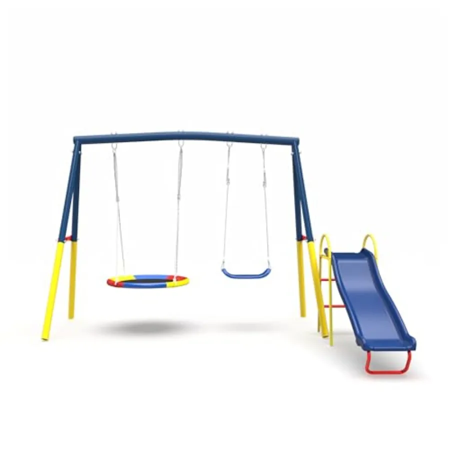 

Backyard swing set for outdoor use heavy-duty metal construction black finish supports up to 440lbs with saucer and belt seats