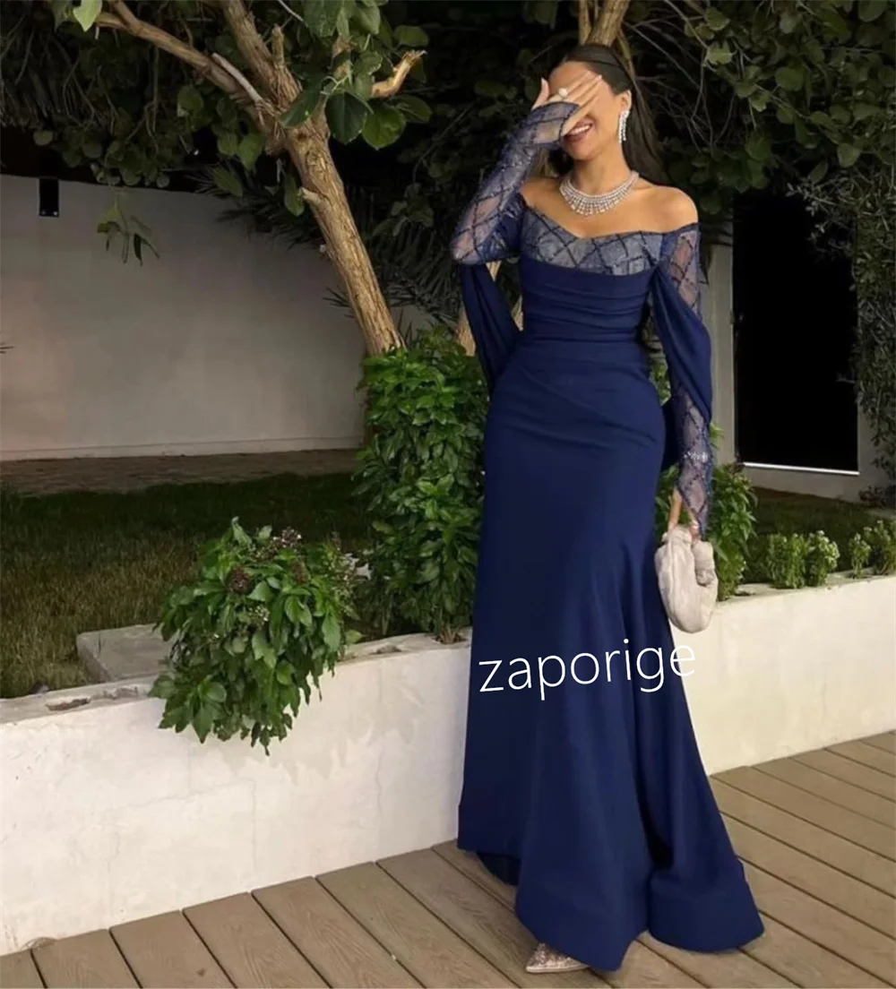 تخصيص جيرسي الطية ألف خط خارج على الكتف فساتين طويلة مخصصة مناسبة للحفلات مقاسات أنيقة المتاحة #3