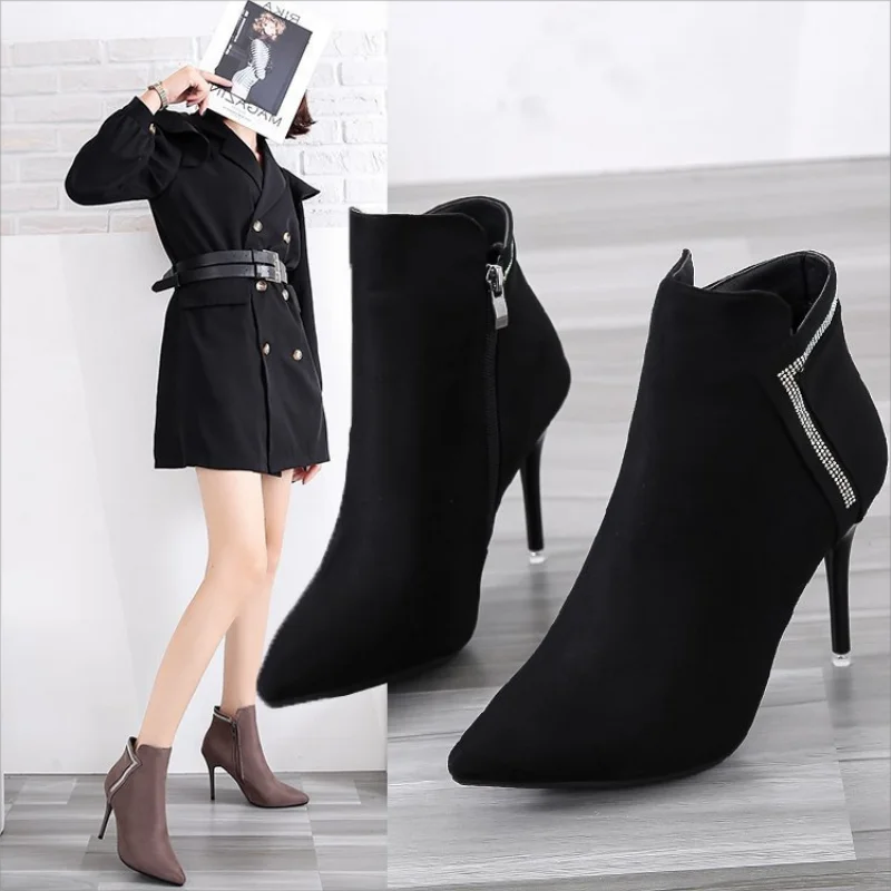 

Botas Mujer New Spring Autumn Boots Women Shallow Tip Toe Women's Boots Thin Heels Zip Ankle Boots Pu Leather Zapatos De Mujer