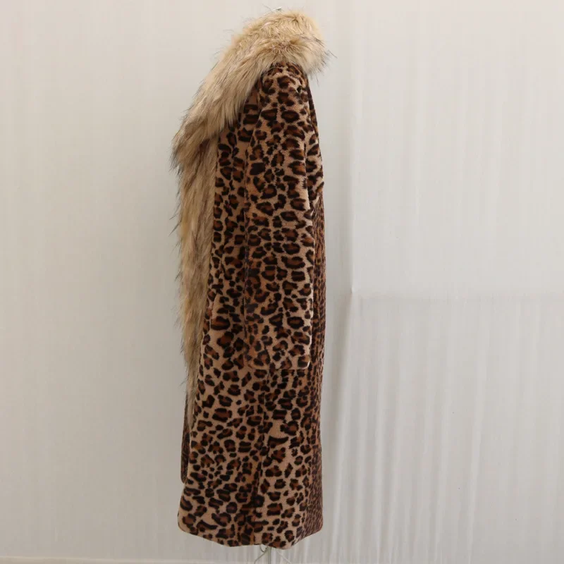 Leopard Long Faux Fur Coat Women Autumn Winter Large Jacket Overcoat Turn Down Collar Thick Coat Warm Jackets Maxi Coats