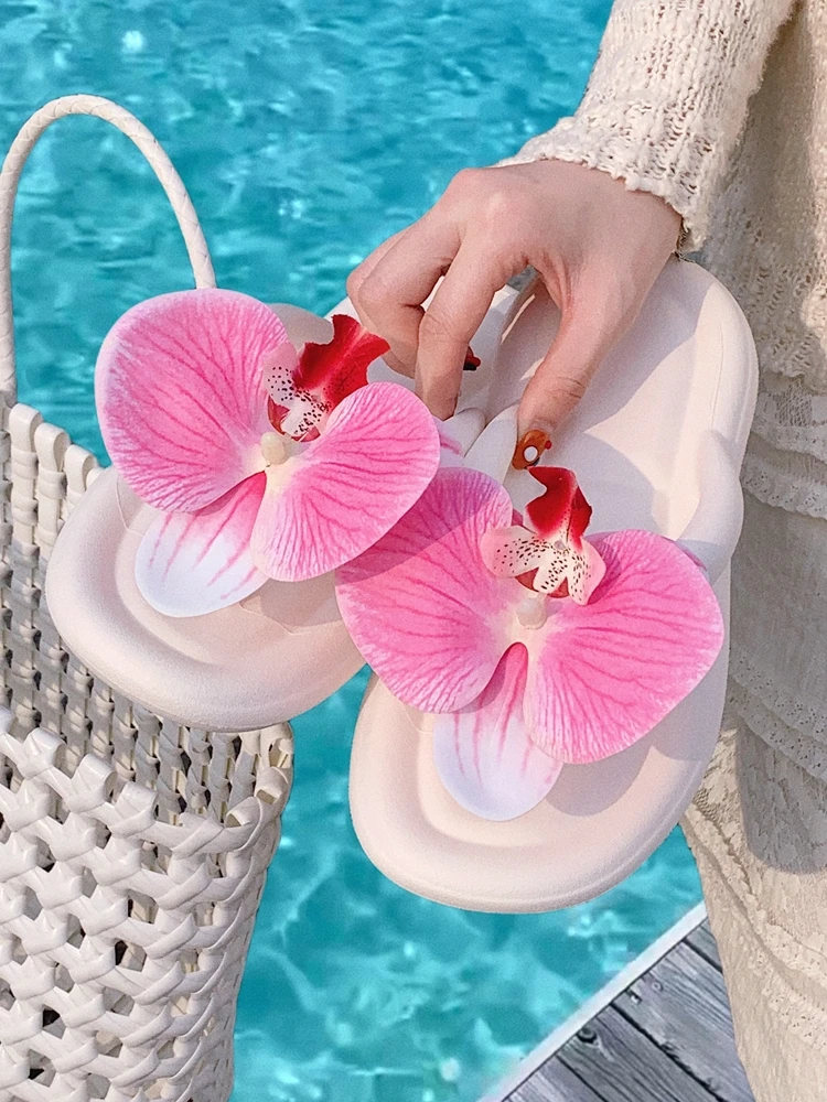 Infradito da spiaggia da donna pantofole a spina di pesce con orchidea a farfalla per scarpe da spiaggia per vacanze estive in spiaggia, Clip alla