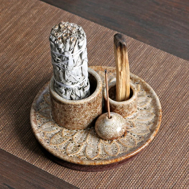 Palo Santo-Sticks-Halter aus Keramik, 4-in-1-Räuchergefäß, Salbei-Halter, Räucherstäbchenhalter, Aschefänger-Tablett für Meditation, Yoga, Zimmer – Detail 12