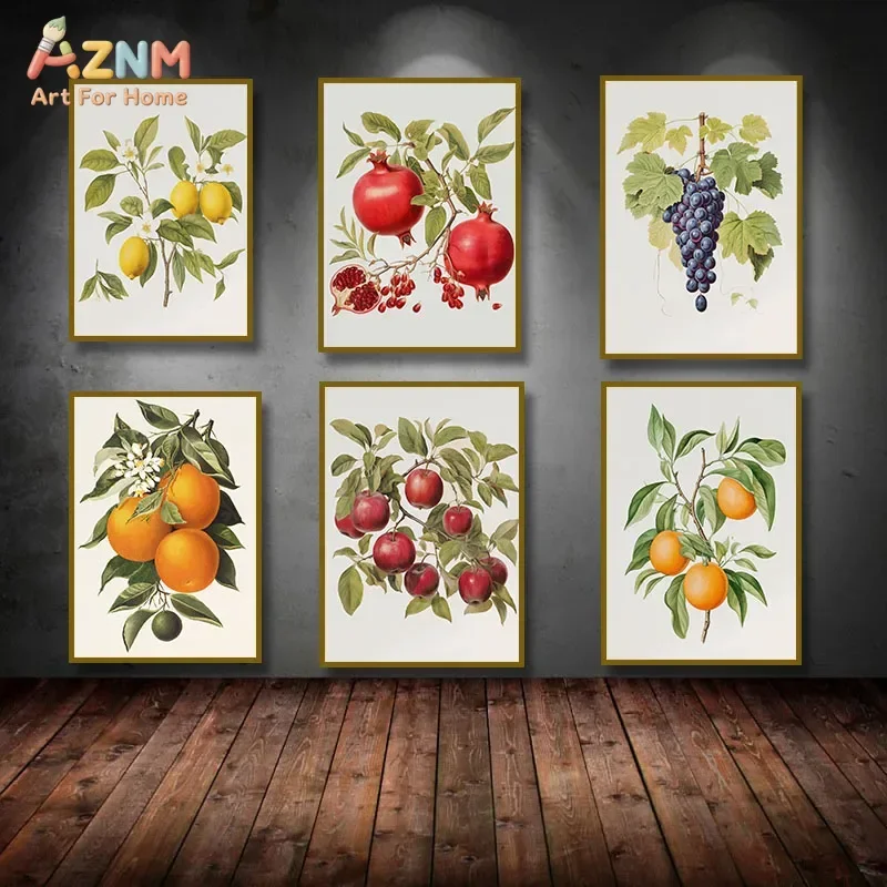 AZNM Vintage Botanical Fruit Canvas Wall Art Lemon Pomegranate Grape Apple Orange Watercolor Fruit Branch Print Farmhouse Kitche