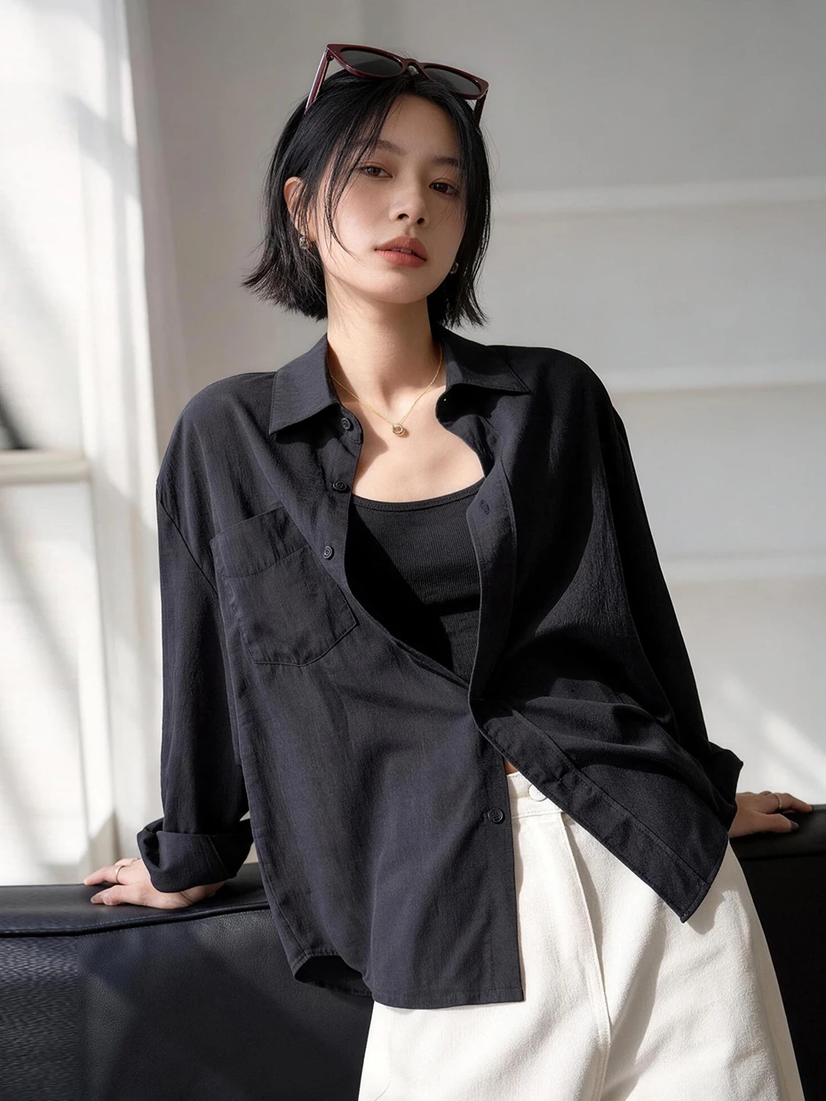 Black Loose Fit Silk Long Sleeve Shirt Women's Summer Ice Silk Lightweight Drapey Sun Protection Casual Style Button up Top