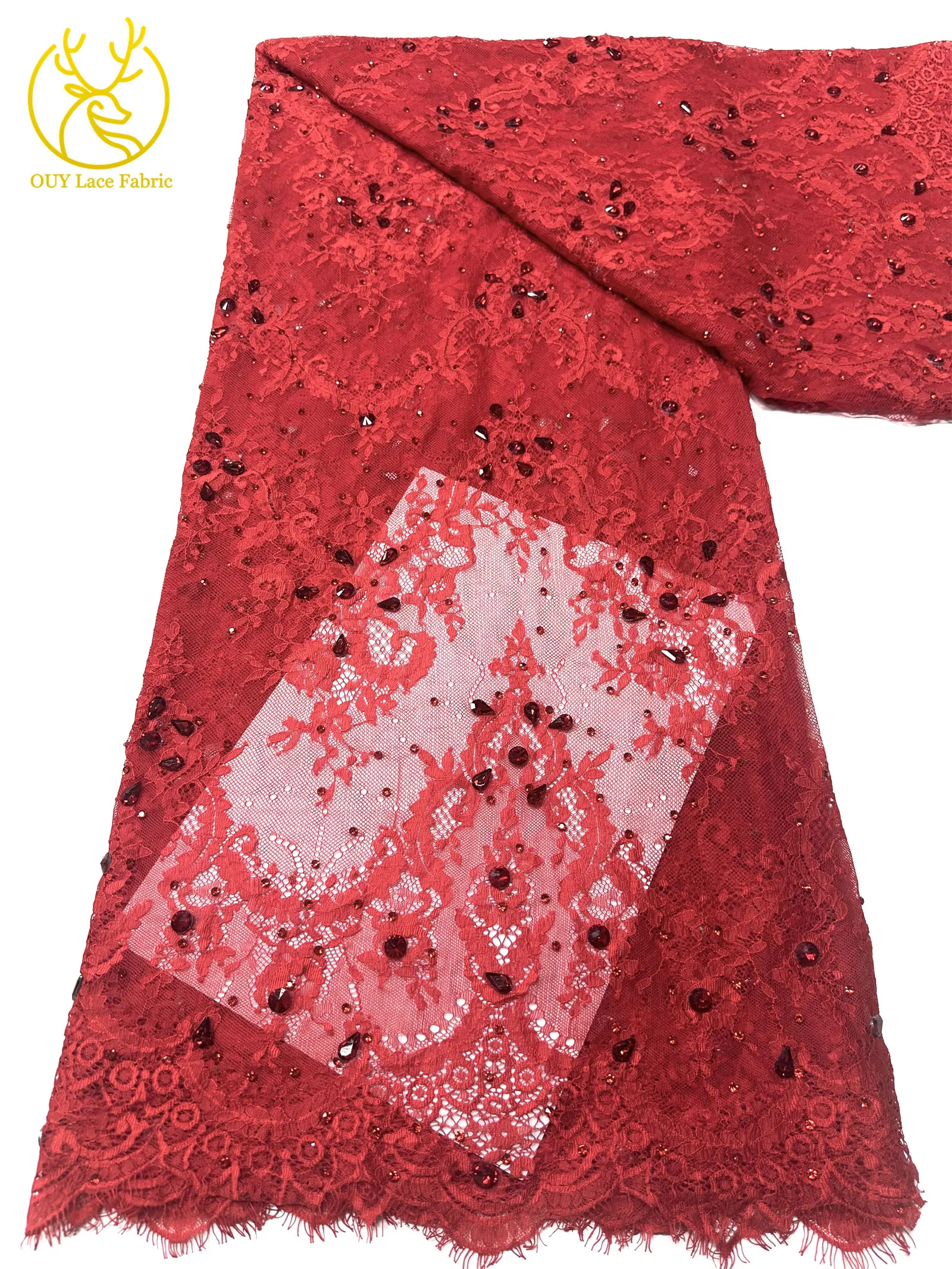 Roter nigerianischer Spitzenstoff, hochwertige afrikanische Milchseide mit Steinen, Guipure-Kordel für Damen-Partykleider, DIY-Nähzubehör, 3 Meter – Detail 19
