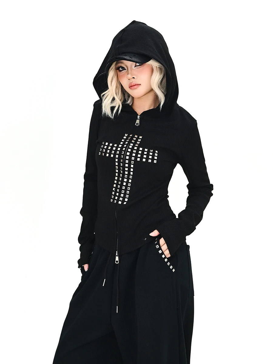 

Женская толстовка-кардиган Street Sle Spicy Girl: Новинка весны, американское ретро, с вышивкой в виде крестов, свободный крой