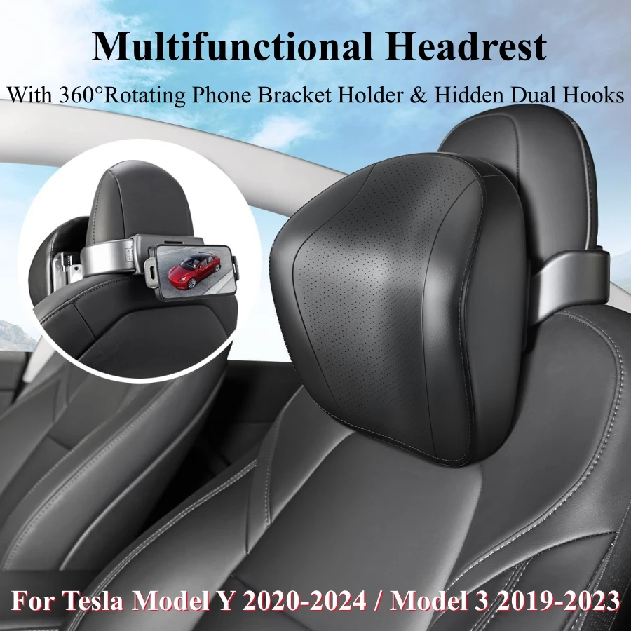 For Tesla Model Y Model 3 Headrest Pillow Adjustable Car Seat Headrest with 360°Rotating Phone/Tablet Bracket Holder Neck Rest