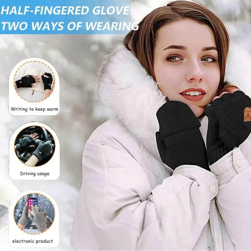 Winter Warm Gloves with Anti-cold Dew Finger Flip Cover Design, Thickened Warm Knitted Convertible Half-finger Gloves