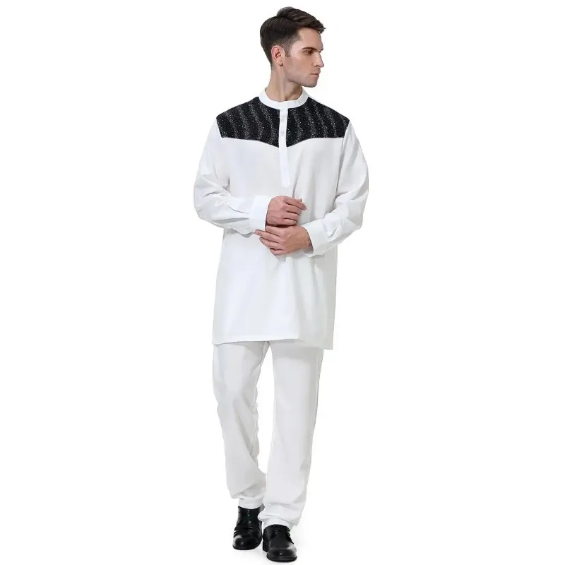 Conjunto de top e calça de manga comprida masculino, Thobe muçulmano, Abayas Robe, Caftan, Roupa árabe saudita, Vestuário islâmico, Jubba Thoub, Kaftan, 2 peças