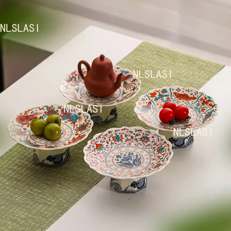 

1pc Ceramic Ru kiln high foot fruit tray Household living room Dim sum tray Dragon and Phoenix Tray Offering Plate Tableware