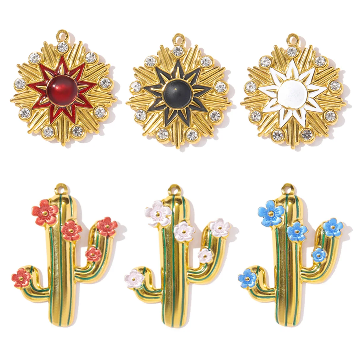 

3pcs/Lot Stainless Steel Rhinestone Sun Necklace Pendant Big Size Enamel Cactus Flower DIY Earring Charms Woman Fashion Jewelry