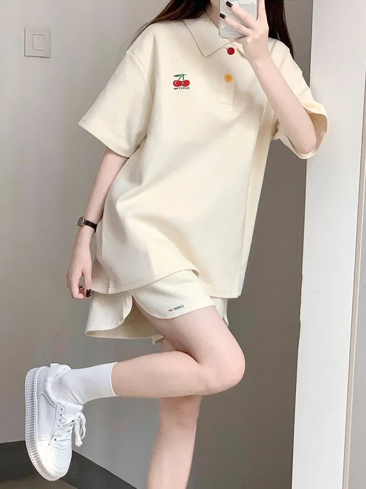 2023 summer cherry embroidered sportswear women\'s lapel short sleeve T-shirt + wide leg shorts student two pieces / single piece