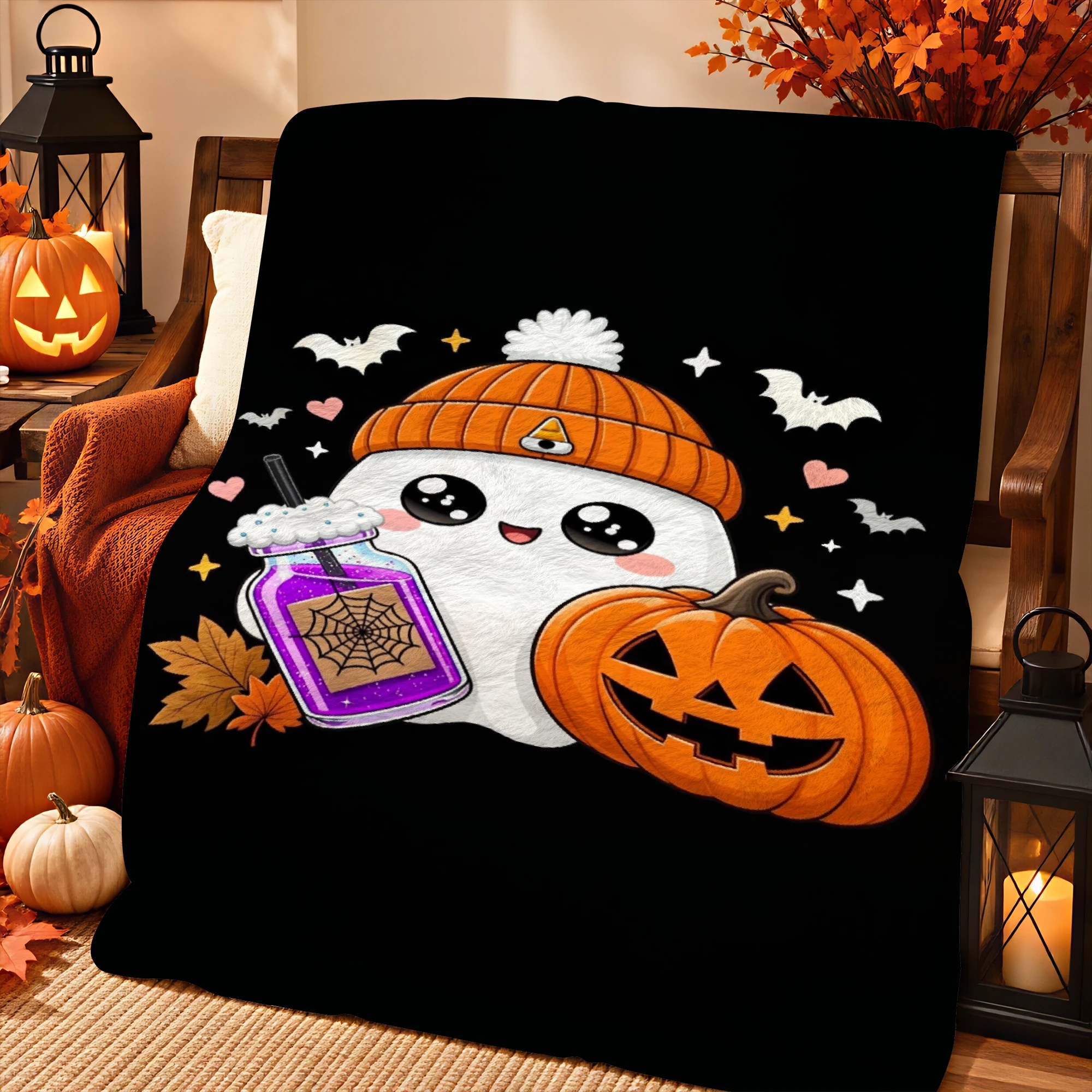 1pc 2D Printed Cute Ghost Orange Beanie Pumpkin Purple Drink Bats Stars Halloween Throw Blanket Soft Warm for Sofa Bed Recliner