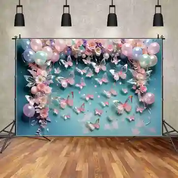 MOON.QG 나비 꽃 벽 베이비 샤워 배경, 아기 꽃 풍선 파란색 배경, 사용자 정의 파티 장식, 포토콜 소품 