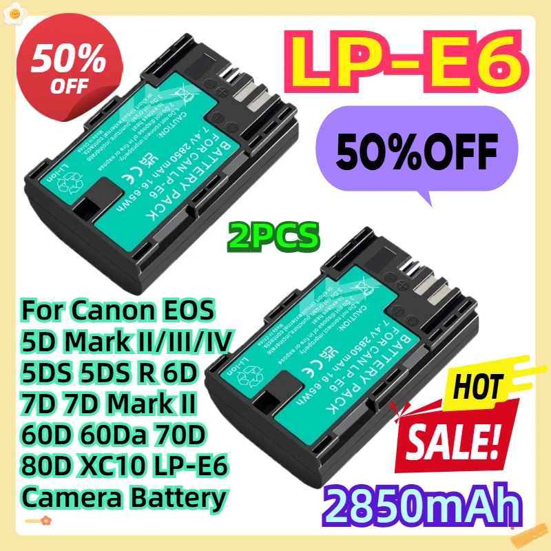

For Canon EOS 5D Mark II/III/IV 5DS 5DS R 6D 7D 7D Mark II 60D 60Da 70D 80D XC10 LP-E6 Camera Battery 2pcs