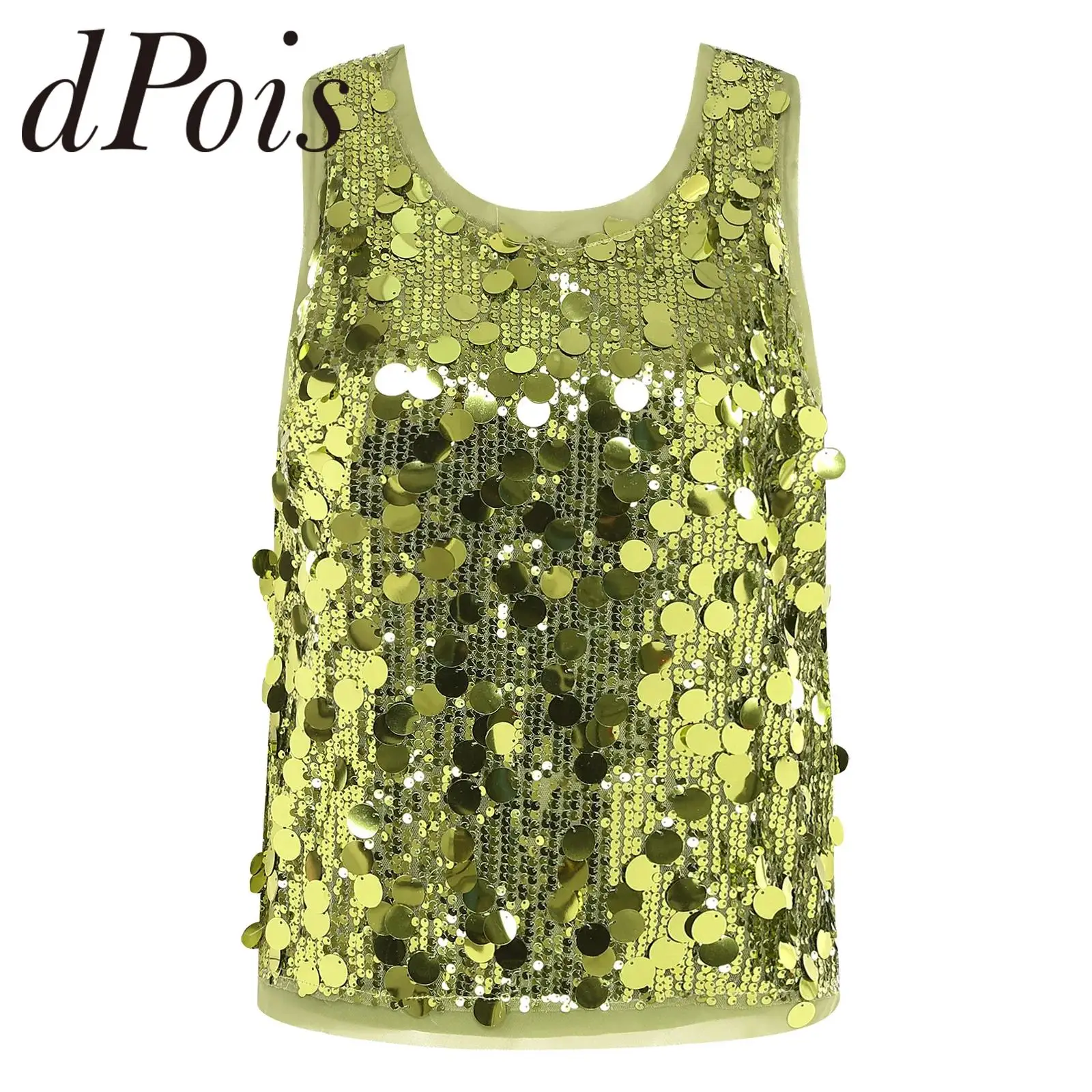 Womens 70s Disco Shiny Top Fashion Streetwear Sequin Tank Top Festival Costume Clubwear Sleeveless Vest Rave Jazz Party Outfit