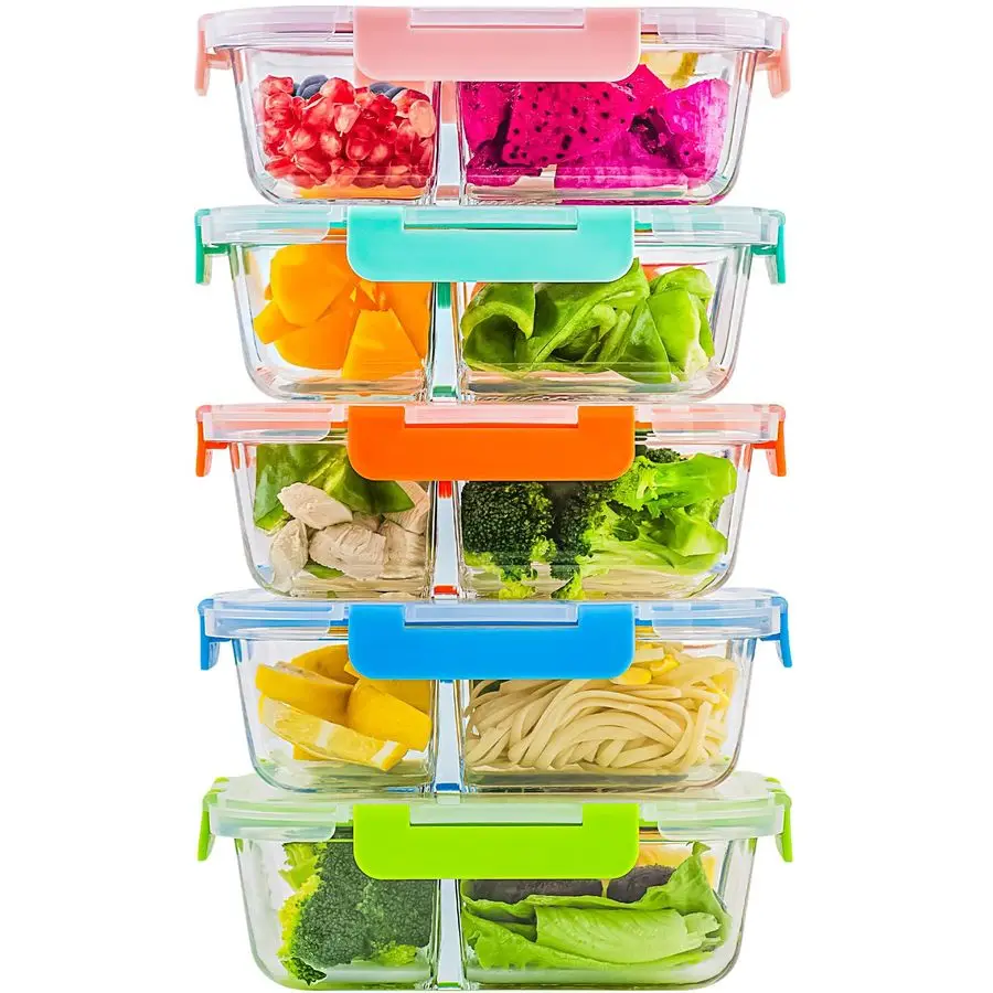 

Набор из 5 стеклянных контейнеров для еды с 3 отделениями, 34 унции, стеклянные контейнеры для хранения продуктов с крышками, стеклянный ланч-бокс с крышкой.