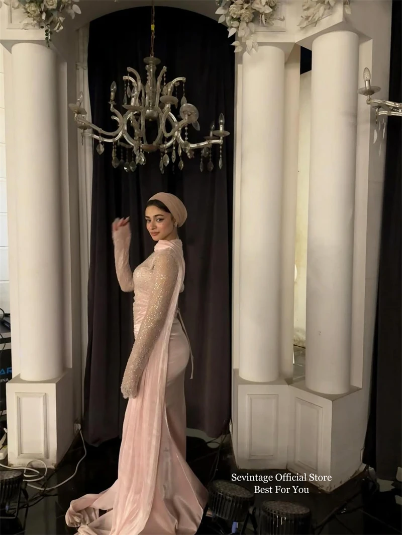 Sevintage-vestidos de noche de sirena con purpurina, color rosa, plisado, mangas completas, vestidos de graduación de lujo, chal, vestido Formal de graduación personalizado