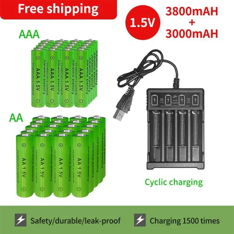Christmas Series AA/AAA 1.5V Rechargeable Batteries (3800/3000mAh) USB Charger for LED Flashlight, Toys, Remote, Electronics