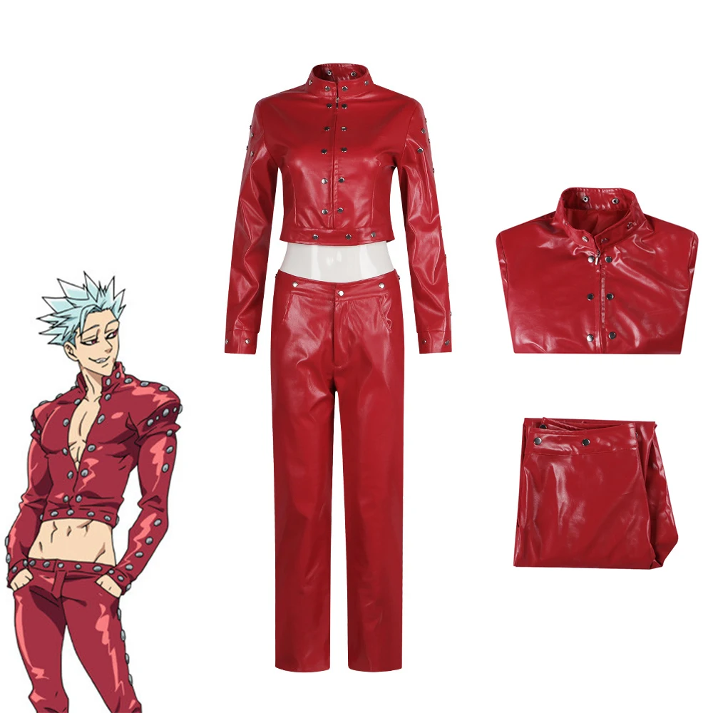 

Anime The Seven Deadly Sins Wrath of The Gods Ban Cosplay Costume Fox's Sin of Greed Red PU Coat Uniform Man Halloween Suit