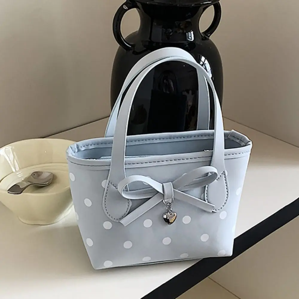 PU Leather Crossbody Shoulder Bag Bow Decor Lightweight Messenger Bag Polka Dot Handle Tote Handbag Daily Outing Shopping