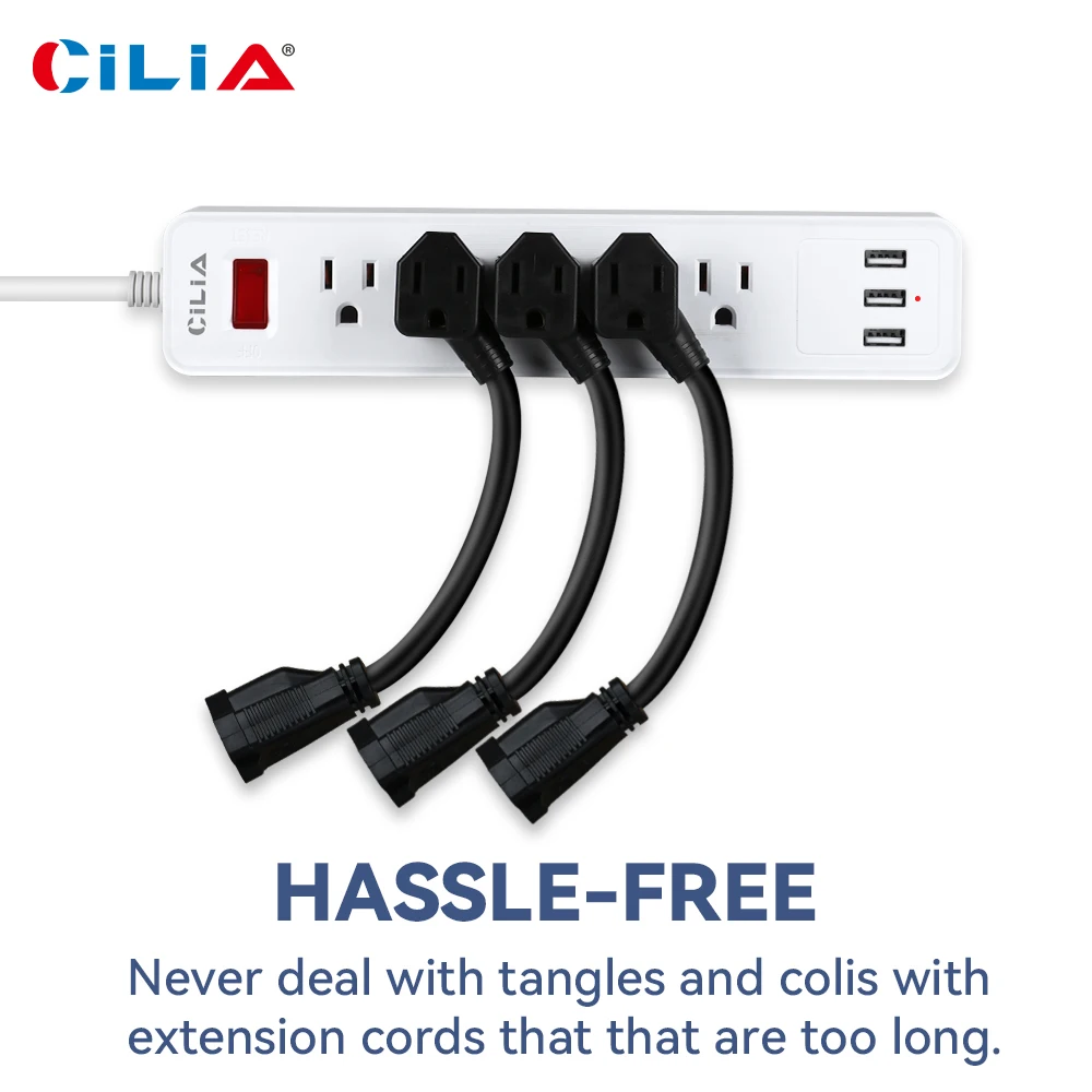 Power Cord 3 Prong Extension Cord，12-inch,2 Outlets,Indoor Outlet Extender Adapted Grounding,UL Rosh  Extensão Eletrica