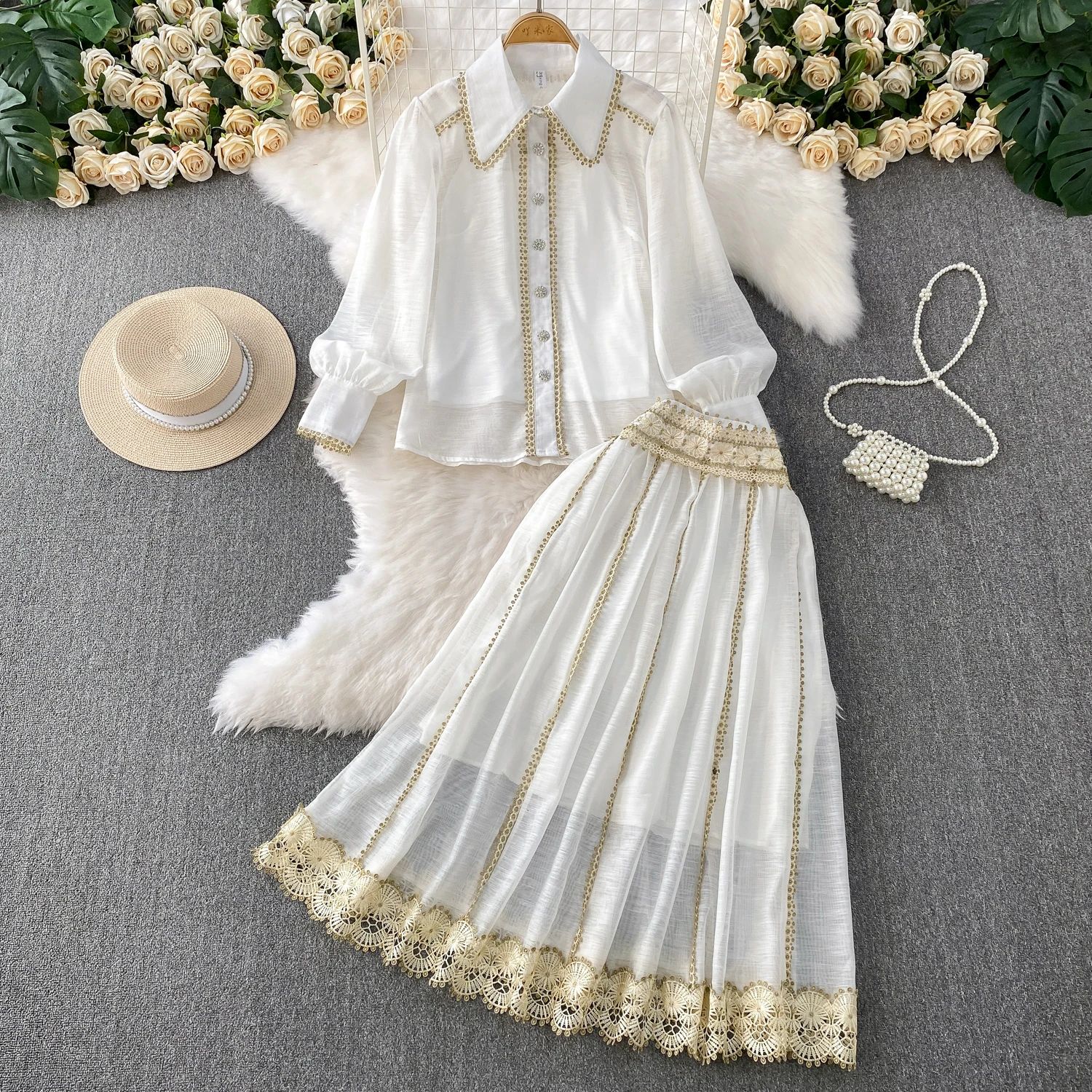 

Luxury Crystal Buttons Lantern Sleeve Blouse and Long Skirt Two Pieces Set Elegant Lace Splice Cotton linen New In Matching Sets