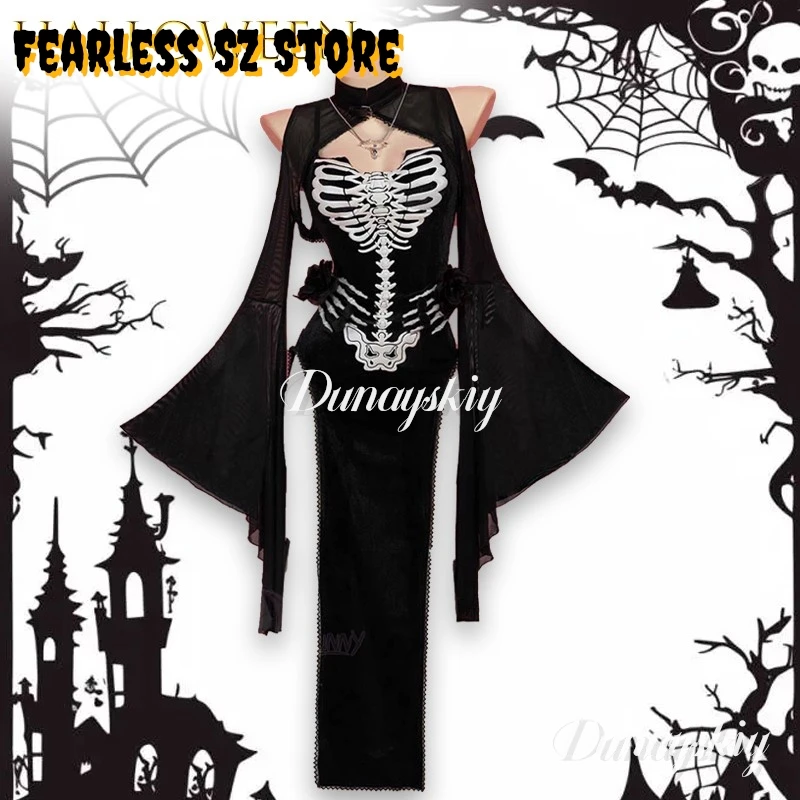 

Темно-готическое платье Skeleton Knight Хэллоуин Косплей π로윈 코스embali Sukienka Черное платье с разрезом в виде черепа и вырез с расклешенными рукавами Плащ Necklac ‌