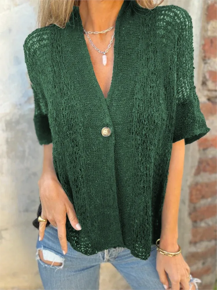 Women V-Neck Cardigan Top Casual Holiday Solid Tops Lady Fashion Short Sleeve Hollow Out Top Cardigan Spring And Summer New 2025