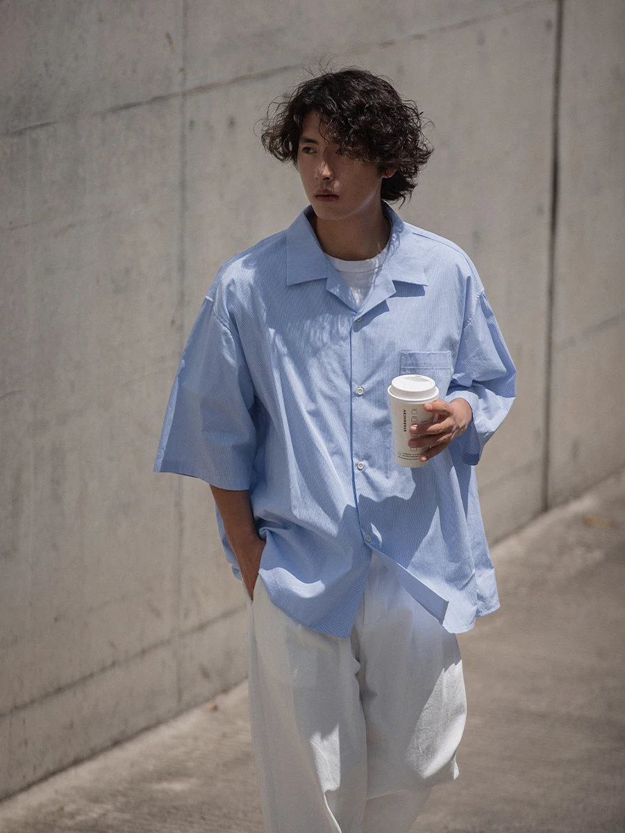 

Мужская летняя рубашка с кубинским воротником, коротким рукавом, в полоску, из дышащего хлопка, свободного кроя, молодежная, повседневная, модная.