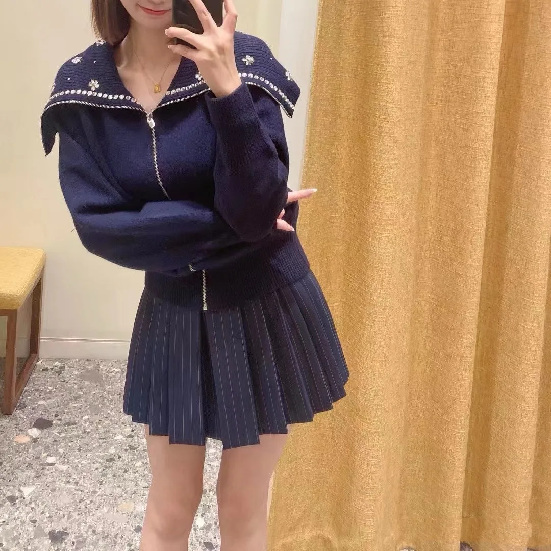 

Women Big Lapel Navy Collar Solid Rhinestone Flower Zipper Sweater Autumn/Winter Elegant Casual Knit Cardigan ﻿