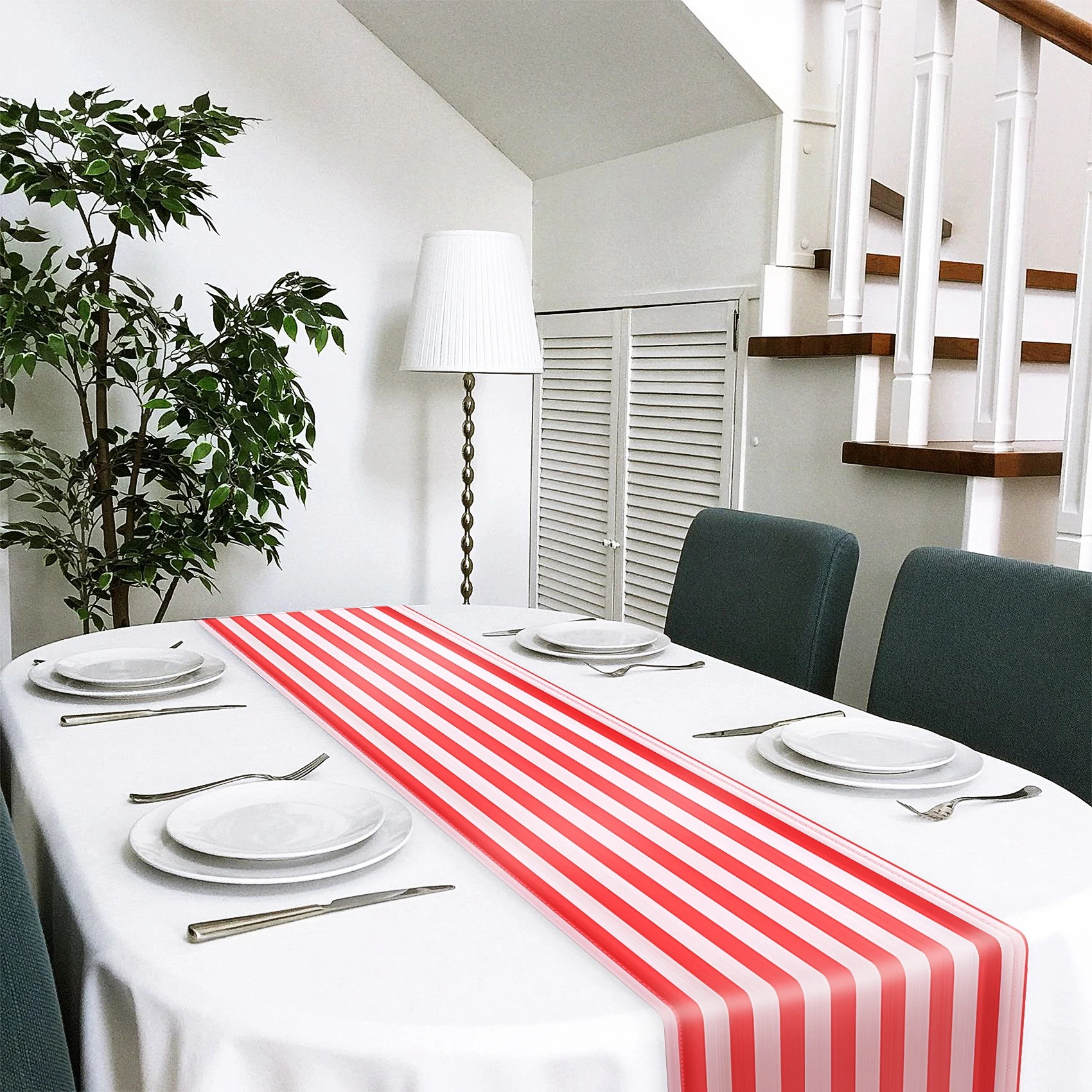 Carefree- 6 Pieces Striped Table Runner Wedding Polyester Table Decor Red White Striped Design Tablecloth Decor 12 x 108 Inch