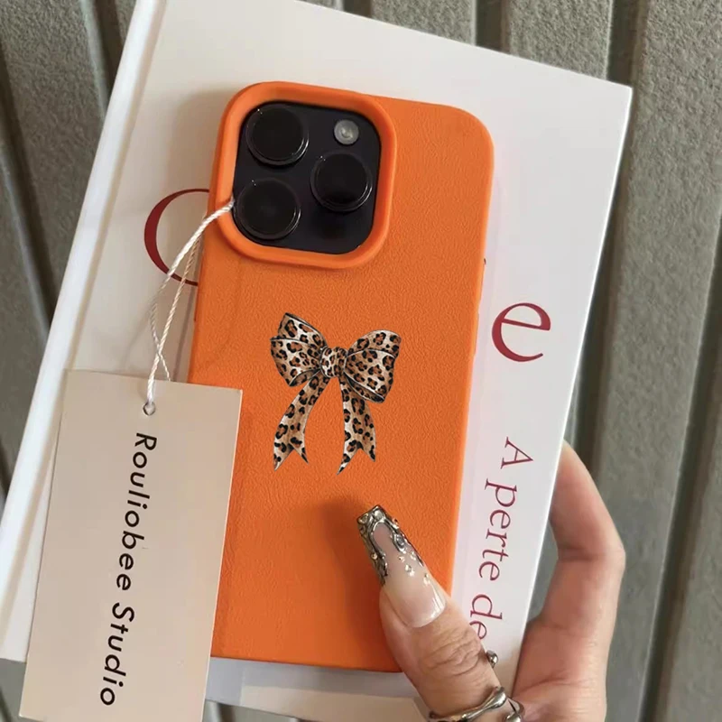 Stylish Leopard Print Bowknot Design Soft Phone Case For iPhone17 Pro Max 17Air 16 15 14 Pro 13 12 11 XR XS Lychee Pattern Cover - view 5